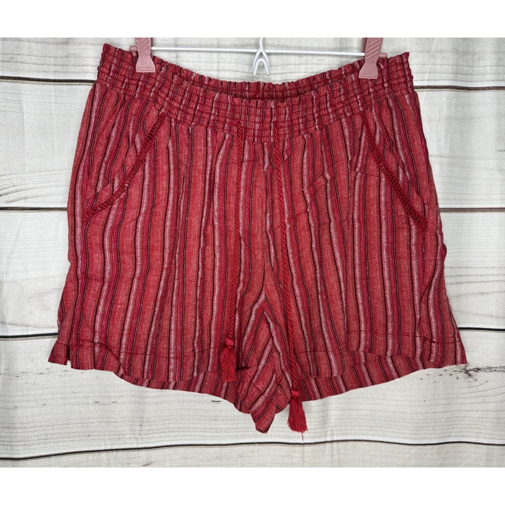 Briggs Shorts Women XL Red Striped Linen Blend Tassel Casual Summer Pockets